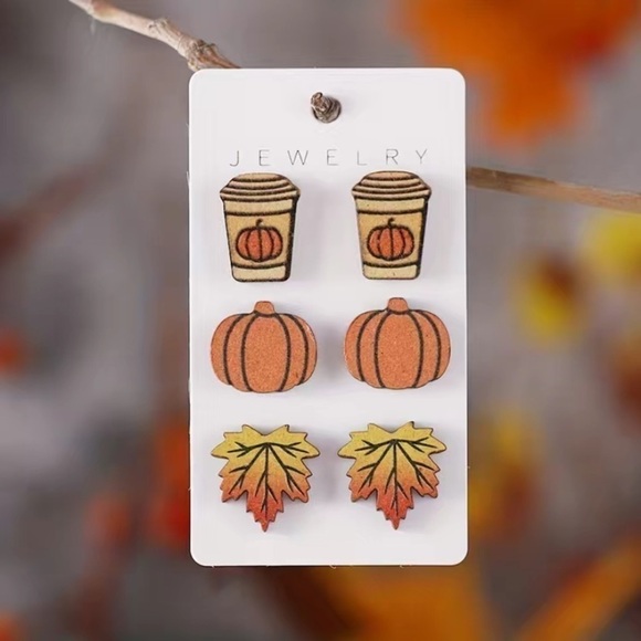 NEW Autumn Fall Harvest Pumpkin Coffee Maple Wooden Earrings - Picture 3 of 4